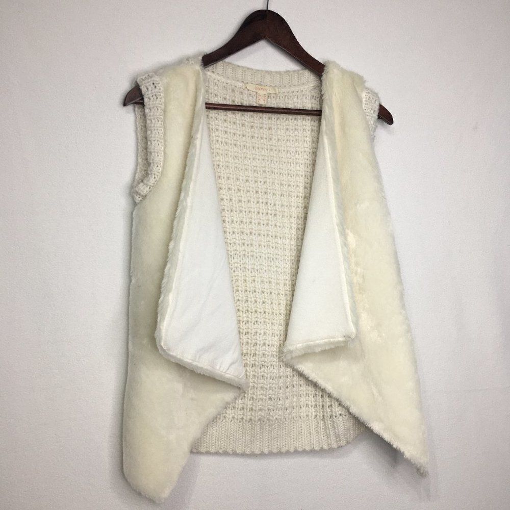 Esprit Faux Fur Cream Knit Open Front  Vest